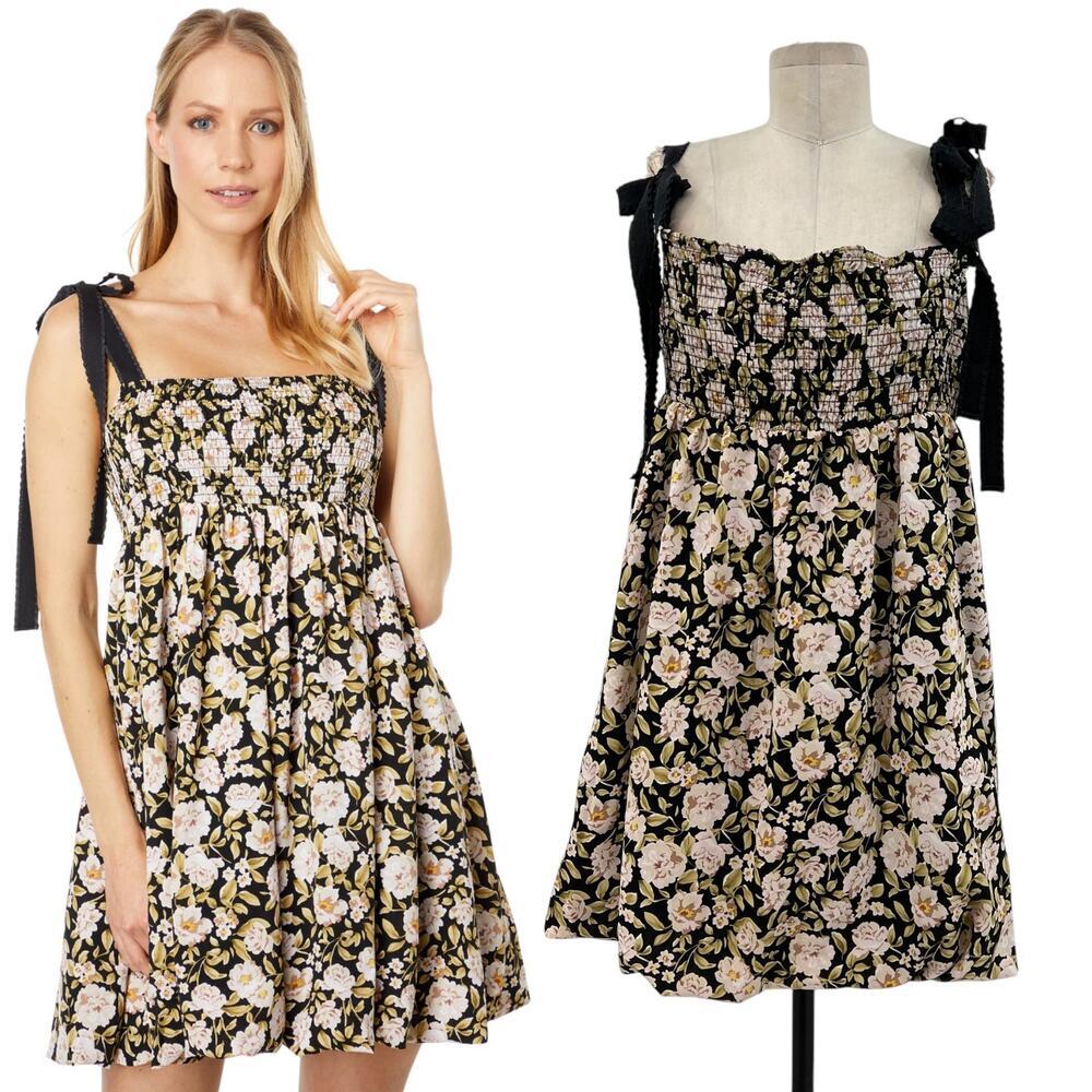 En Saison Kinsley‎ Floral-Print Mini Dress Smocked Black Green Size Medium